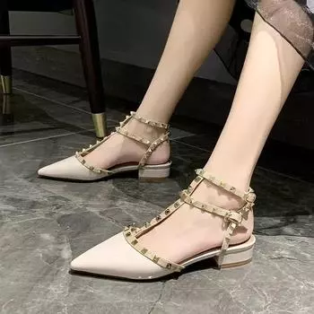 Ремешок на щиколотке с вырезом, заклепками Rockstud, лакированная кожа, заклепки, балетки, Т-образный ремешок, пряжка, мягкие женские туфли для ходьбы, размер 34-40 37