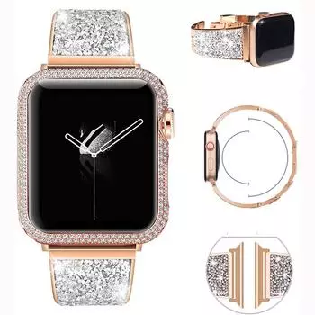 Ремешок с бриллиантами для Apple Watch, ремешок 49, 45, 42 мм, 44 мм, 38 мм, 40 мм, серия 6 se 5 4 3 2, женский браслет из нержавеющей стали, сменный браслет для iWatch 38/40/41mm чёрный