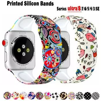 Ремешок с принтом для Apple Watch ultra 49 мм серии 8 7 41 мм 45 мм 44 мм 40 мм 42 мм 38 мм силиконовый спортивный браслет iwatch 6 5 4 3 Se ремешок 38mm 40mm 41mm