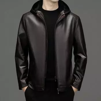 Removable hood genuine leather jacket for men middle-aged dad sheepskin jacket plus velvet thickened jacket 170