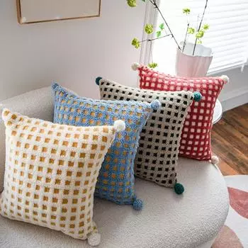 Removable Plaid Plush Pillowcase Jacquard Tassels Throw Pillowcover INS Style Cushion Cover Sofa/Bed синий