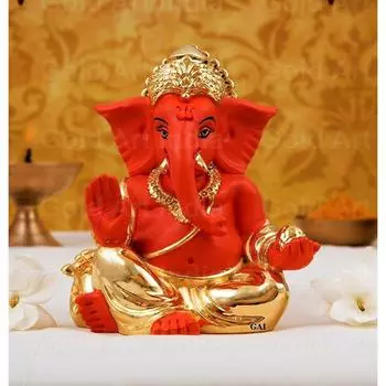 Resin Gaddi Ganesha 3X3, Gold Orange 1 Piece Ganesh Idol for Car Dashboard Small Ganesha Murti Ganpati Idol for Home Decor 3 INCH