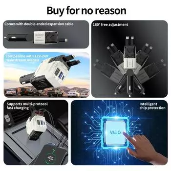 Retractable Car Charger, 4 in 1 Fast Charging Car Charger, Retractable Cable and 2 USB Ports Car Charger Adapter Compatible