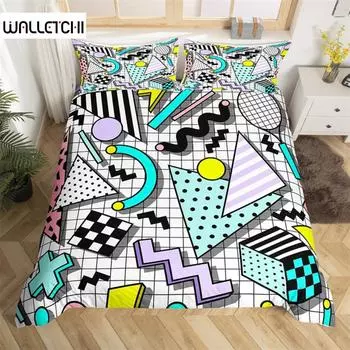 Retro 80s Style Bedding Set Twin King Size Abstract Geometric Pattern Duvet Cover Set Microfiber Circle and Triangle Quilt Cover EU single(135x200cm)