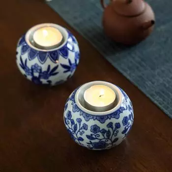 Retro 90s underglaze ceramic candlestick blue and white candlestick retro decorative ornaments soft decorations 25
