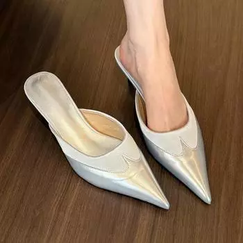 Retro and fashionable! Brown pointed-toed splicing half slippers women s spring wear stiletto mullers 35