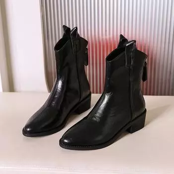 Retro Autumn Winter Pointed Denim Boots V-neck Design Soft Leather Rear Zipper Thick Heels Slimming Modern Boot Botas Mujer 34 чёрный