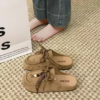 Retro Baotou bead string with women s spring new thick bottom heightening Baotou half slippers 35