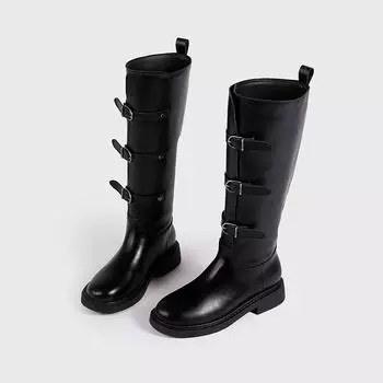 Retro belt buckle knee boots women s new all-cowhide wide tube western knight boots brown boots tide 35