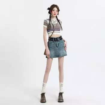 Retro Blue Summer Denim Skirt for Women s Summer New High-waisted Slim Skirt XS