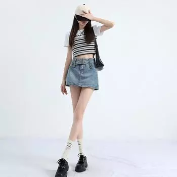 Retro Blue Summer Denim Skirt for Women In Summer New High-waisted Slim Hip Anti-exposure Skirt XS