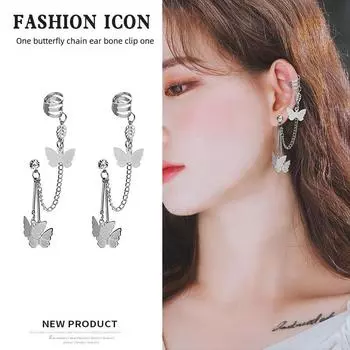 Retro Butterfly Chain Earrings with Integrated Ear Bone Chain - Korean Celebrity Style, Super Fairy Punk Dark Design