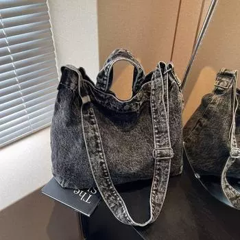 Retro casual large-capacity tote bag women s new denim canvas bag bag messenger bag college student shoulder bag чёрный
