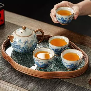 Ретро чайник Huang Ru Kiln, ландшафтный керамический чайник, простая бытовая легкая роскошная высококачественная чашка для чая в стиле кунг-фу, поднос для чая 200ml pot-60ml cups