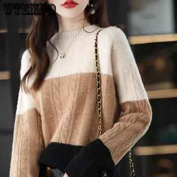 Retro Color Blocked Round Neck Pullover for Women Slim and Versatile Casual Knitwear Long Sleeved Sweater Autumn and Winter S красный