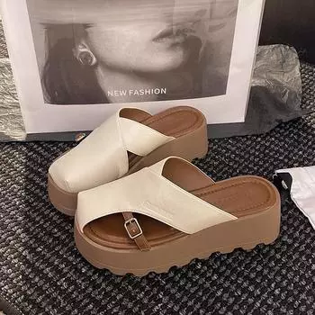 Retro fashion bag head half slippers women s outer wear spring new muffin thick sole comfortable versatile lazy beach shoes 35 бежевый