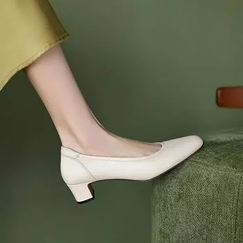 Retro first-layer sheepskin thick-heeled single shoes for women s spring new simple shallow-mouth Doudou shoes, one-pedal low-heeled shoes 34