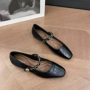 Retro flat-soled small square head shoes autumn new buckle small leather shoes women s temperament single shoes 35