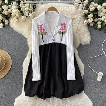 Ретро Franse Zoete Пэчворк Botsing Kleur Patch Bloemen Жаккардовый Leeftijd Tartende Grote Zoom Losse Pop Jurk
