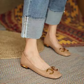 Retro French commuter shoes horse buckle square head single shoes women s summer flats soft-soled ladyshoes shallow loafers 35 чёрный