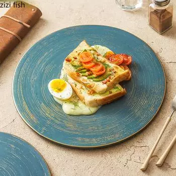 Retro Gold Edged Ceramic Flat Plate Circular Dessert Plate Sushi Snack Plate Pasta Plates Molecular Cuisine Specialty Tableware