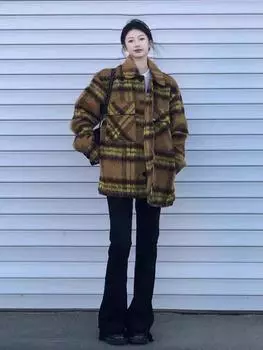Retro high-end plaid woolen long-sleeved jacket women s winter loose and thin thickened warm cardigan top S