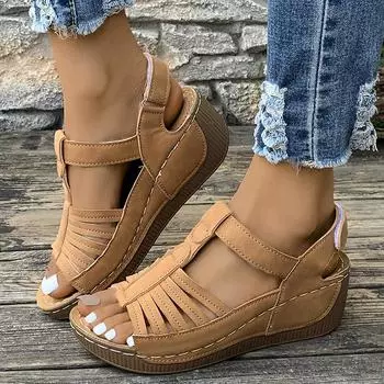 Retro Hollow Out Wedge Sandals Women 2025 Summer Peep Toe Platform Gladiator Sandals Woman Thick Sole Comfortable Beach Shoes 36 хаки