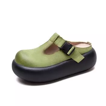 Ретро кожаные мюли на платформе с пряжкой на ремешке и толстой подошвой для женщин 35 зелёный