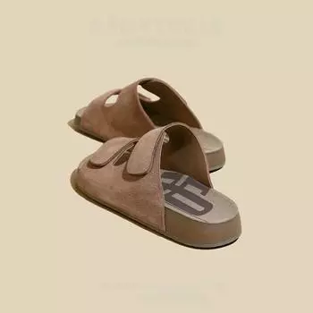 Retro leather thick-soled casual one-word slippers women s summer new round head soft bottom versatile outer wear beach mop 35