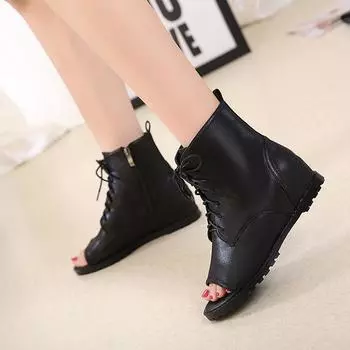 Retro Med Heel Ankle Boots for Women Wedges Shoe Open Toe Lace Up Zipp Cool Botines Botas De Mujer 35 чёрный