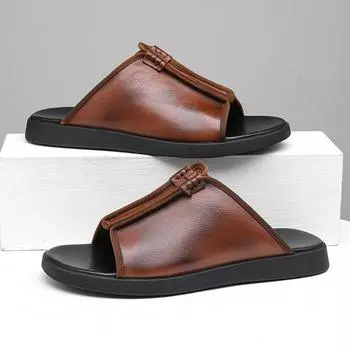 Retro Mens Genuine Leather Slippers Handmade Quality Summer 2024 New Comfortable Classic Brown Outdoor Daily Beach Shoes Man 38 чёрный