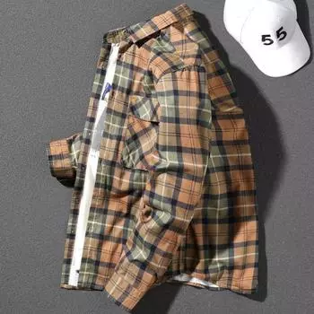 Retro Plaid Long-sleeved Shirt Men s Spring and Fall Tide Loose Large Size Casual Work Shirt Men s Shirt M серый