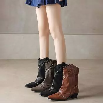 Retro Pointy Western Boots for Women 2024 Autumn/winter New Brown Riveted Trousers with Thick Heel Mid-leg Fashion Boots 35 темно-коричневого