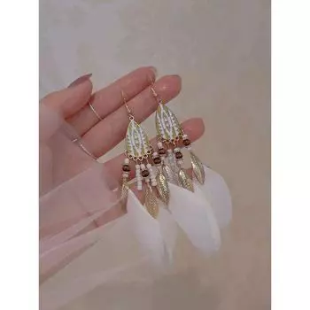 Ретро Приморские Женские Длинные Серьги с Бусинами Перо White pair