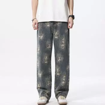 Retro Ripped Jeans Men s Spring and Autumn Loose Straight Jacquard Wide-leg Trousers 28