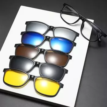 Retro Set Of Glasses, Sunglasses For Men And Women, Tr Black Frame Glasses Frame, Magnetic Suction Five-Piece Package, Polarized Sunglasses Replaceabl PC material rack