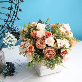 Retro Silk Red Artificial Rose Flowers DIY Autumn Wedding Home Decoration Fake Peony Hydrangea Bride Bouquet 5 Fork розовый