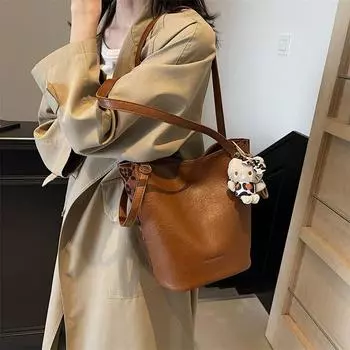 Retro Simple Large-Capacity Bucket Bag Women S Autumn Fashion High-End Single Shoulder Armpit Bag no pendant коричневый