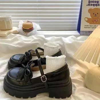 Retro small leather shoes autumn and winter new buckle thick heel Mary Jane shoes shallow loafer single shoes 35