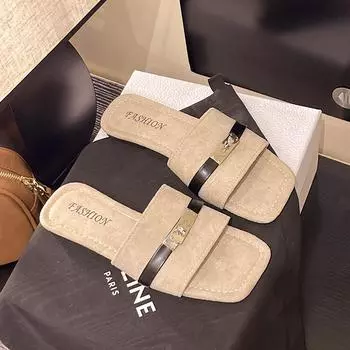 Retro square head flat bottom one-word flip shoes for women s summer wear new fashion with skirt beach cool slippers 35