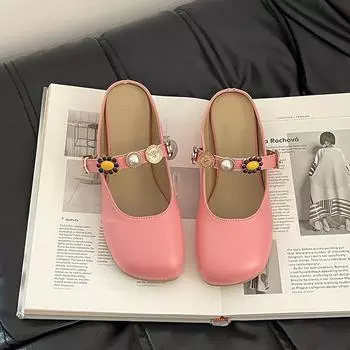Retro square head one-word buckle with slippers sandals women s summer rhinestone ugly and cute flat-bottomed half slippers 35