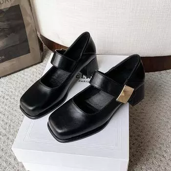 Retro square head word with thick heel Mary Jane shoes literary small leather shoes women s shoes versatile high heel single shoes women 35