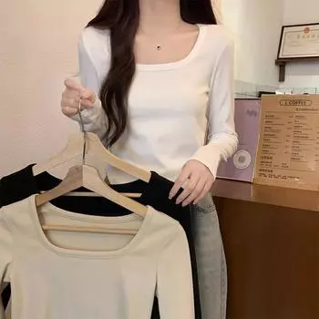 Retro square-neck long-sleeved T-shirt for women in autumn and winter, irregular top with slim-fit low-neck collarbone exposed velvet bottoming shirt S