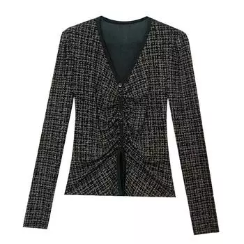Retro Temperament Plaid Base Shirt for Women In Winter Sexy V-neck Top with Slit Waist and Long Sleeve T-shirt M
