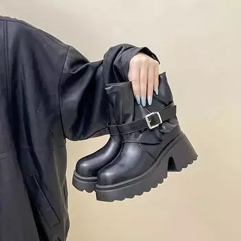 Retro thick heel Martin boots versatile platform short boots women s autumn and winter design sense fashion belt buckle fashion boots 35