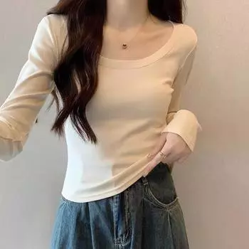 Retro U-neck long-sleeved T-shirt for women in autumn and winter new large neckline simple and versatile hot girl short clavicle bottoming shirt top S