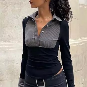 Retro Vertical Button Lapel Silm Long Sleeves Shirt Black M