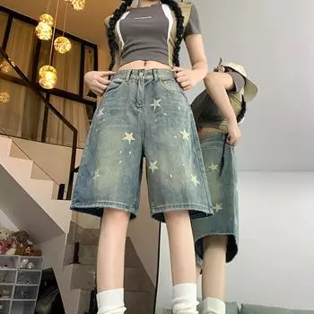 Retro Washed and Worn Star Denim Five-point Shorts Women s Street Straight Loose and Thin Wide-leg Pants XL