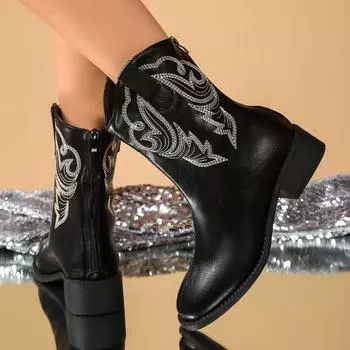 Retro western boots women s autumn and winter new pointed middle tube knight boots rear zipper embroidered leather boots 36