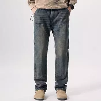 Retro Work Pants Men s Loose Straight Pants New American Wide-leg Logging Jeans 28
